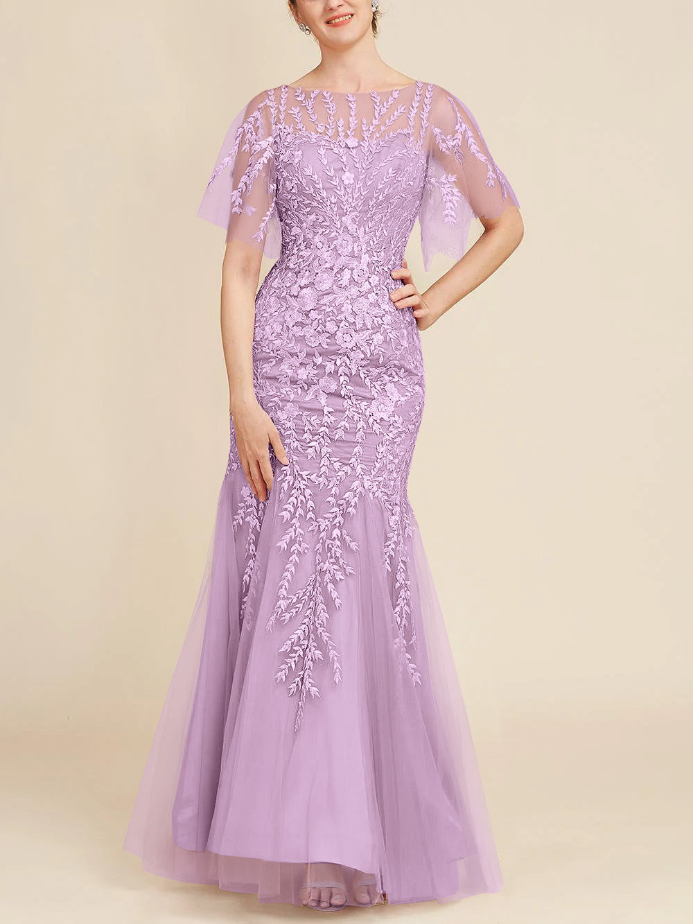 Floor-Length Mother of the Bride Lace Dresses with Trumpet/Mermaid Scoop Half Sleeves-BMbridal