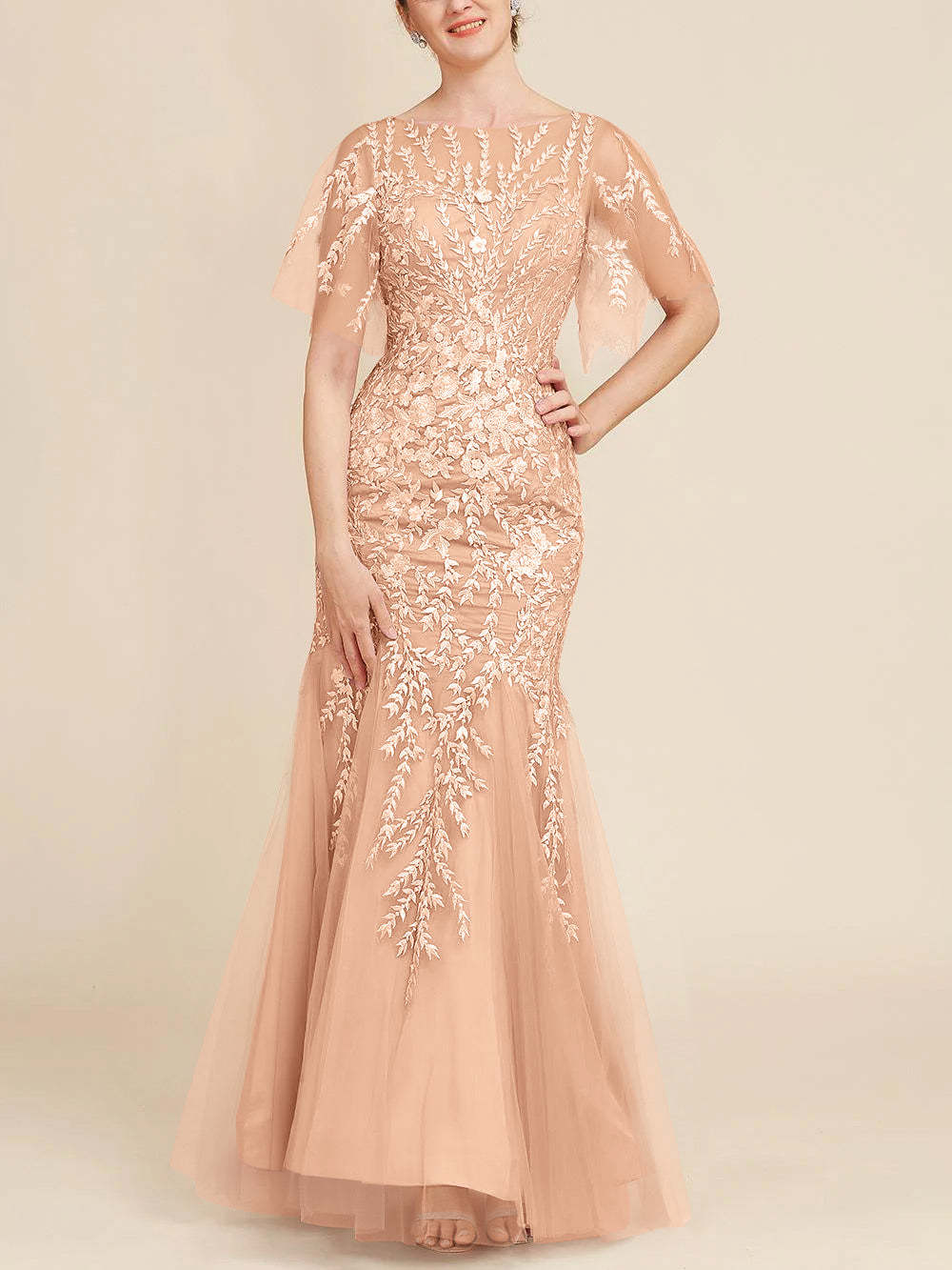 Floor-Length Mother of the Bride Lace Dresses with Trumpet/Mermaid Scoop Half Sleeves-BMbridal