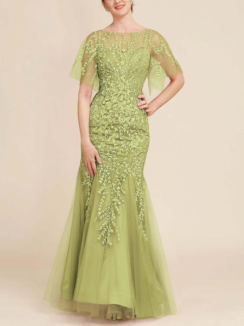 Floor-Length Mother of the Bride Lace Dresses with Trumpet/Mermaid Scoop Half Sleeves-BMbridal