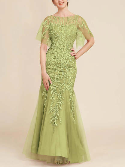 Floor-Length Mother of the Bride Lace Dresses with Trumpet/Mermaid Scoop Half Sleeves-BMbridal