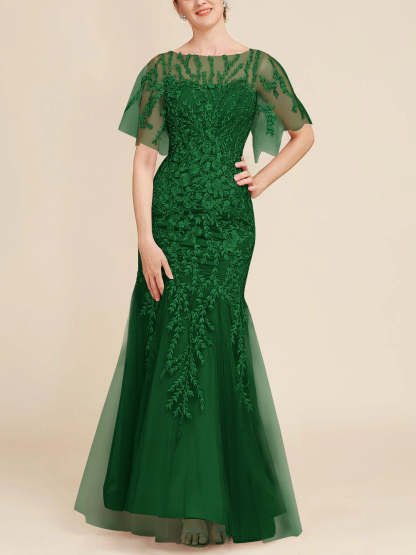 Floor-Length Mother of the Bride Lace Dresses with Trumpet/Mermaid Scoop Half Sleeves-BMbridal