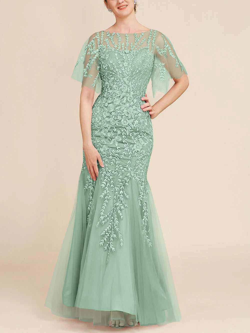 Floor-Length Mother of the Bride Lace Dresses with Trumpet/Mermaid Scoop Half Sleeves-BMbridal