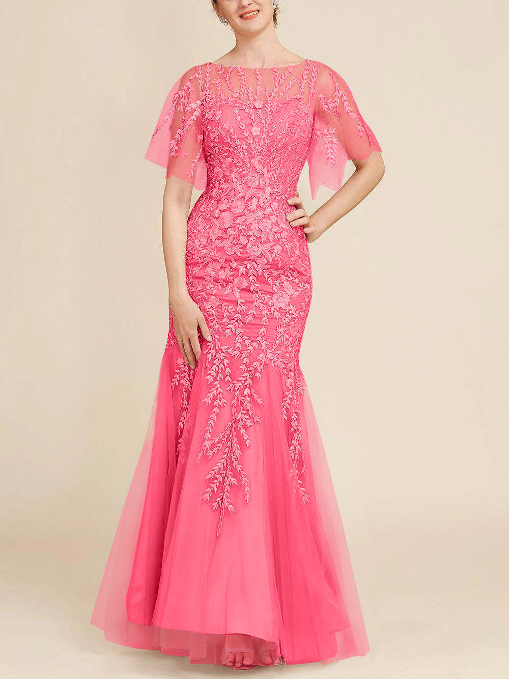 Floor-Length Mother of the Bride Lace Dresses with Trumpet/Mermaid Scoop Half Sleeves-BMbridal