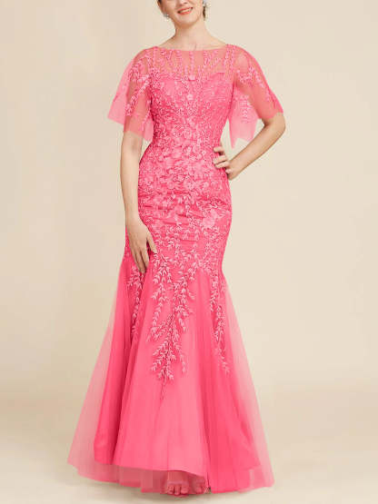 Floor-Length Mother of the Bride Lace Dresses with Trumpet/Mermaid Scoop Half Sleeves-BMbridal