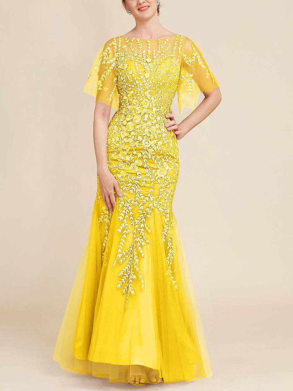 Floor-Length Mother of the Bride Lace Dresses with Trumpet/Mermaid Scoop Half Sleeves-BMbridal