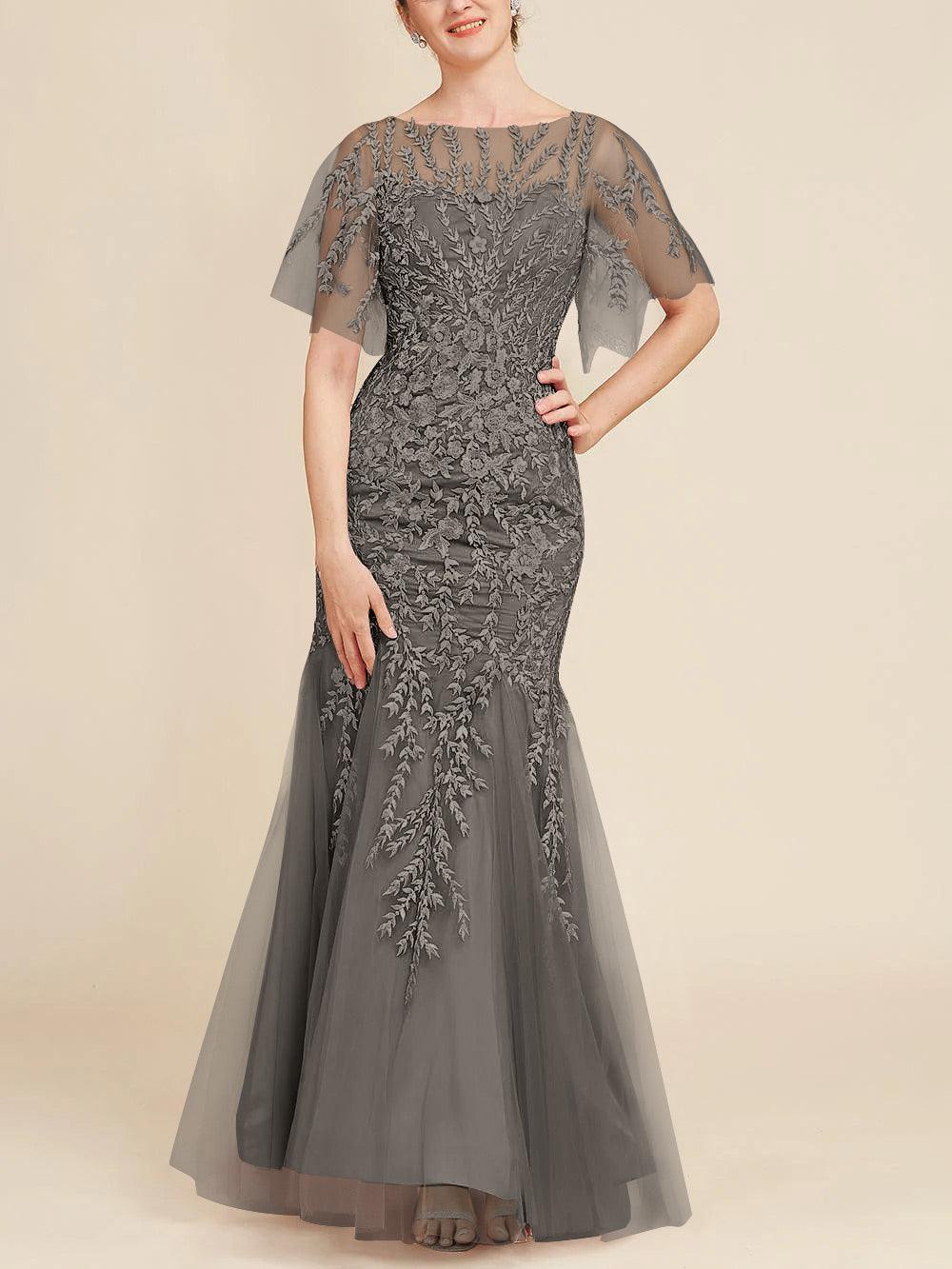 Floor-Length Mother of the Bride Lace Dresses with Trumpet/Mermaid Scoop Half Sleeves-BMbridal