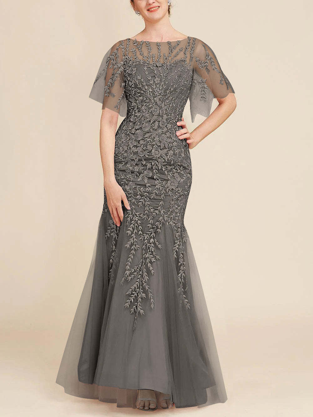 Floor-Length Mother of the Bride Lace Dresses with Trumpet/Mermaid Scoop Half Sleeves-BMbridal