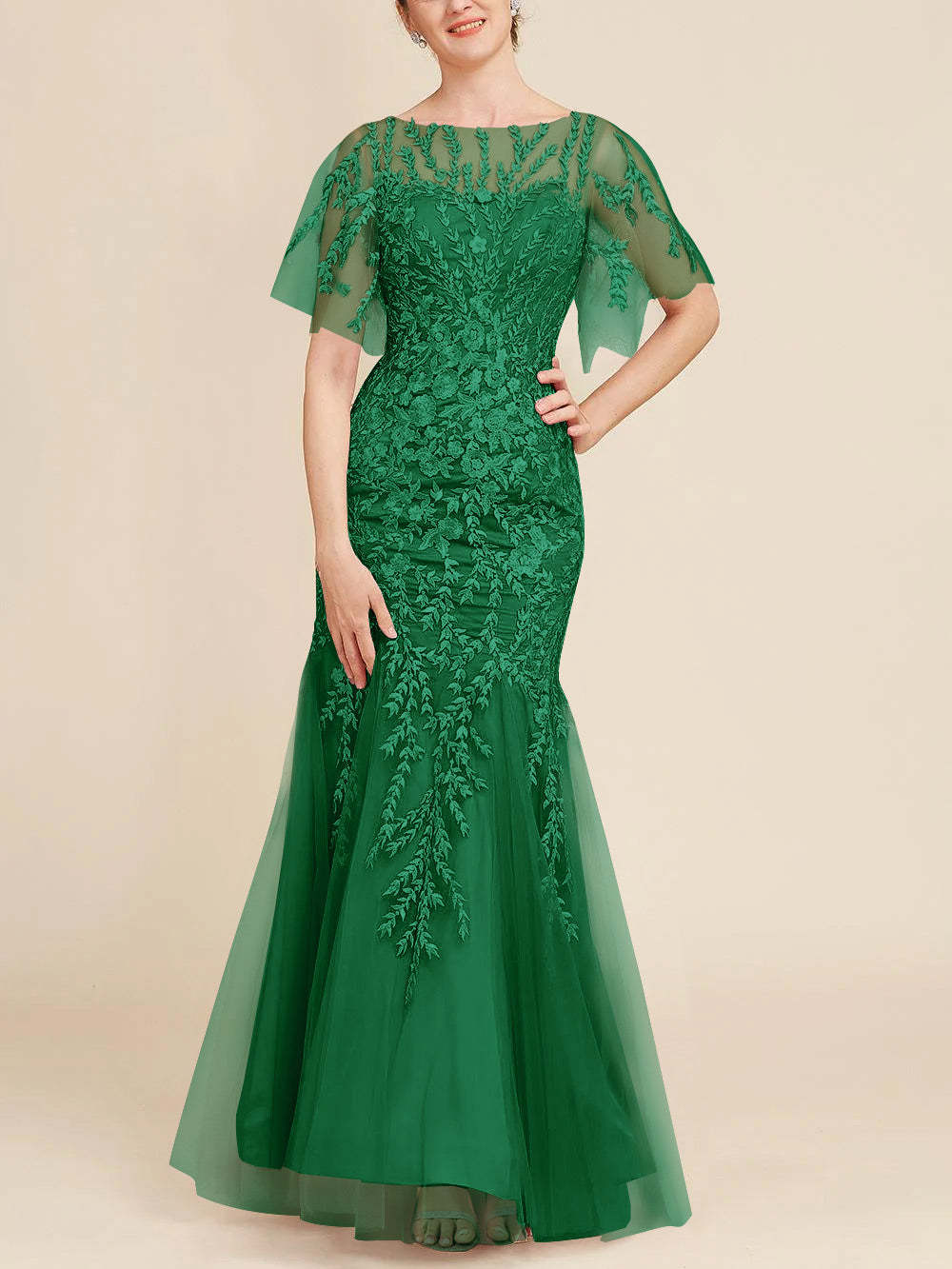 Floor-Length Mother of the Bride Lace Dresses with Trumpet/Mermaid Scoop Half Sleeves-BMbridal
