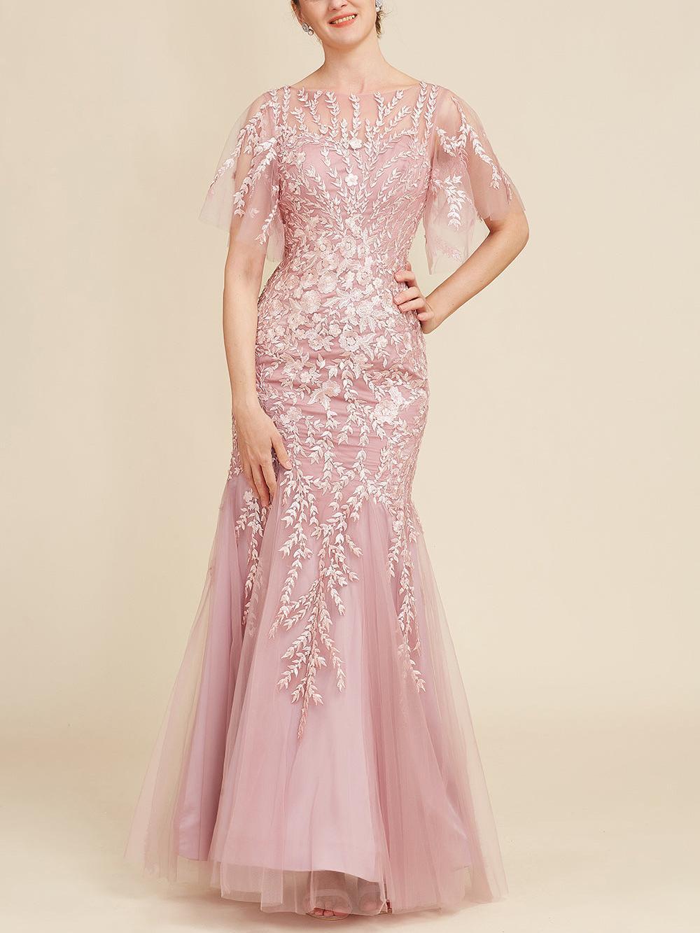 Floor-Length Mother of the Bride Lace Dresses with Trumpet/Mermaid Scoop Half Sleeves-BMbridal