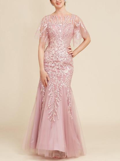 Floor-Length Mother of the Bride Lace Dresses with Trumpet/Mermaid Scoop Half Sleeves-BMbridal