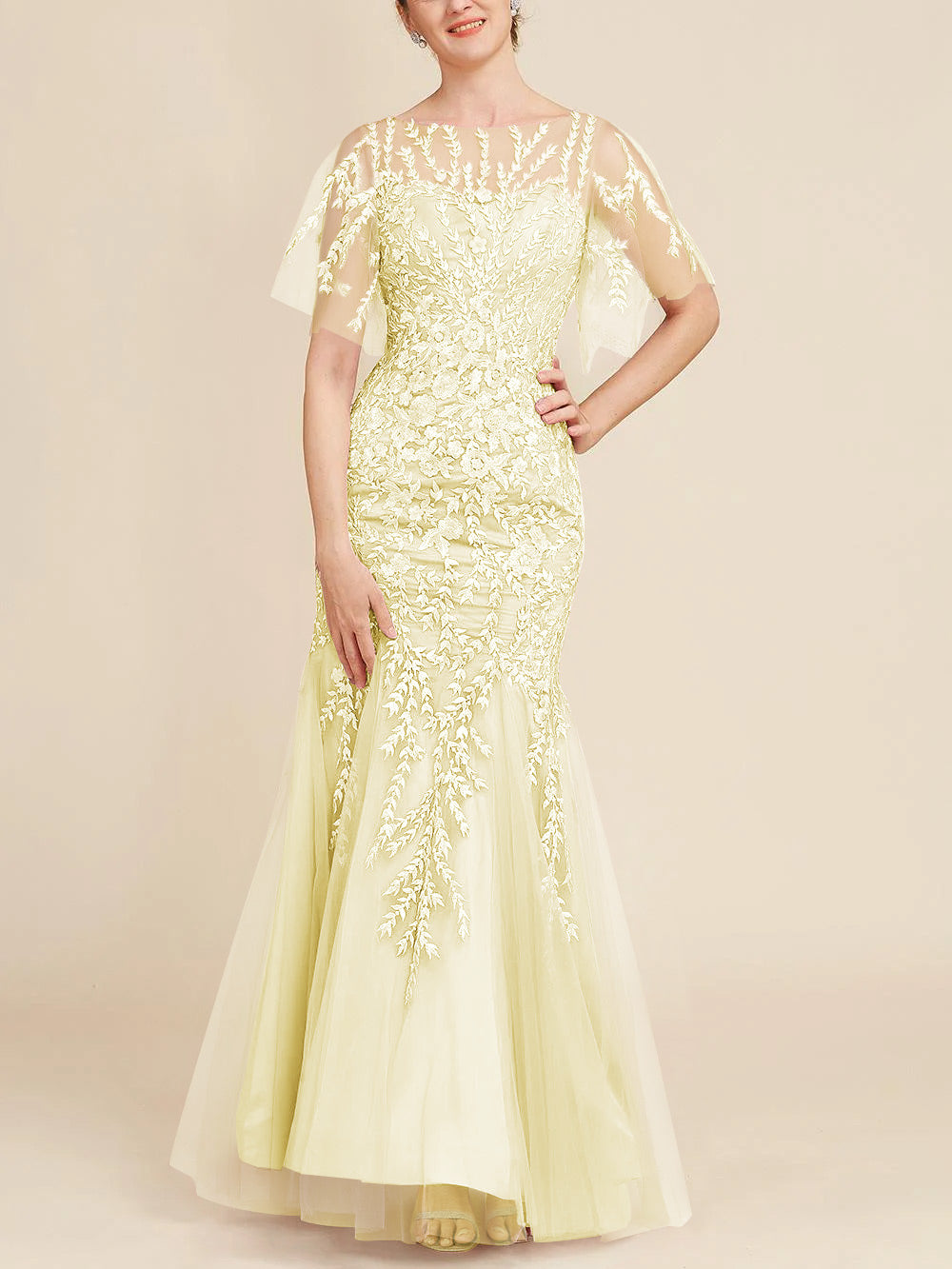 Floor-Length Mother of the Bride Lace Dresses with Trumpet/Mermaid Scoop Half Sleeves-BMbridal