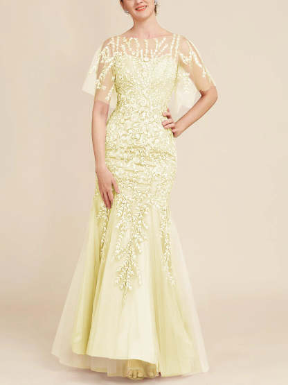 Floor-Length Mother of the Bride Lace Dresses with Trumpet/Mermaid Scoop Half Sleeves-BMbridal