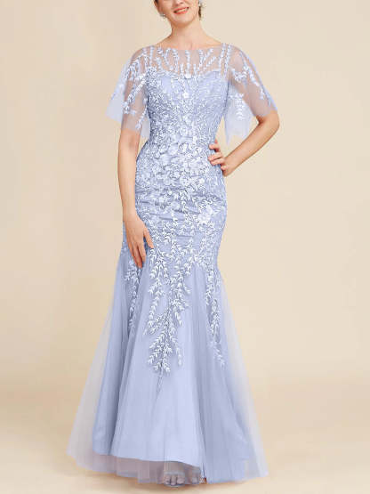 Floor-Length Mother of the Bride Lace Dresses with Trumpet/Mermaid Scoop Half Sleeves-BMbridal