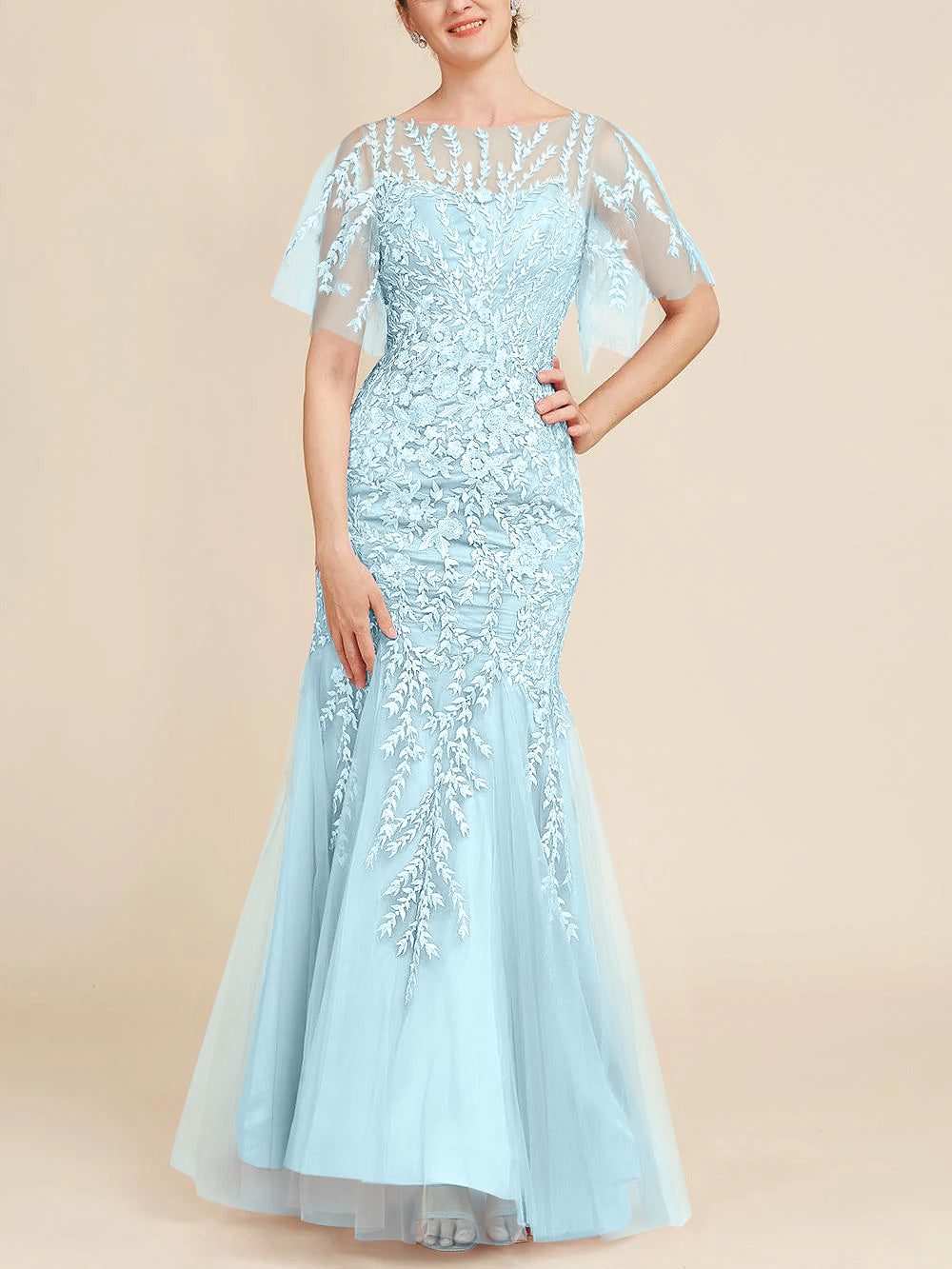 Floor-Length Mother of the Bride Lace Dresses with Trumpet/Mermaid Scoop Half Sleeves-BMbridal