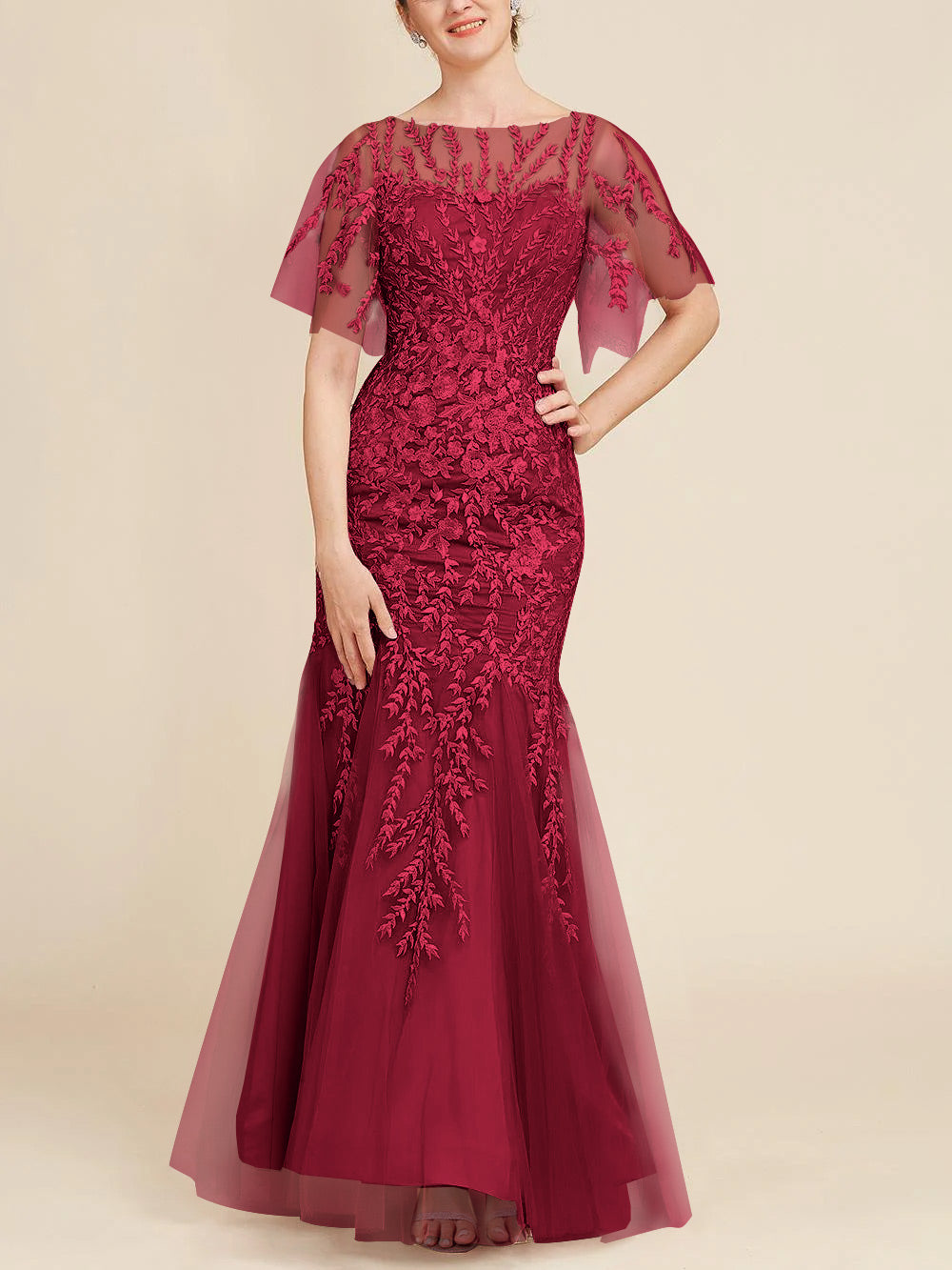 Floor-Length Mother of the Bride Lace Dresses with Trumpet/Mermaid Scoop Half Sleeves-BMbridal