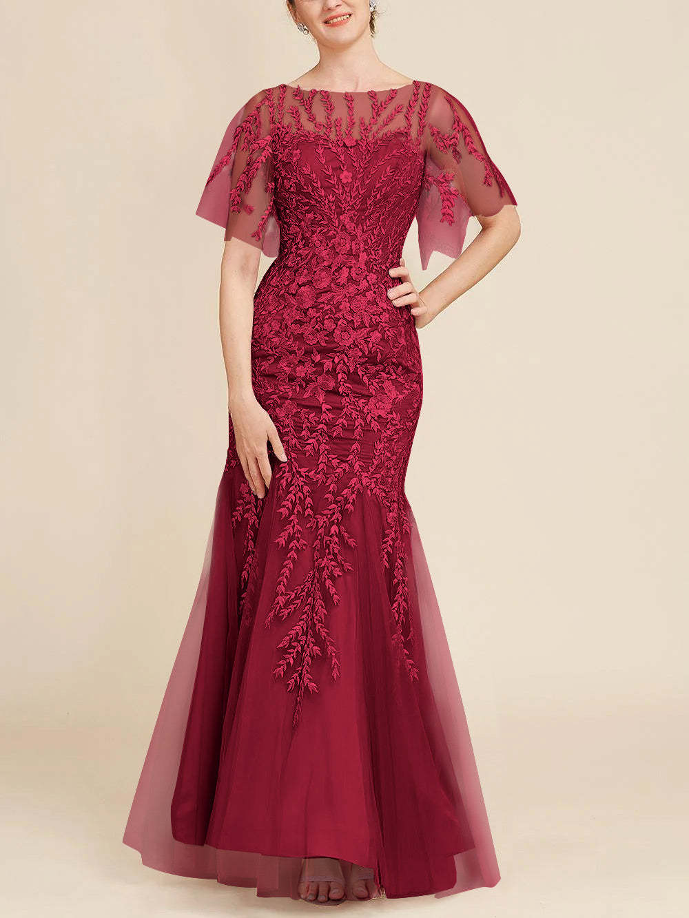 Floor-Length Mother of the Bride Lace Dresses with Trumpet/Mermaid Scoop Half Sleeves-BMbridal