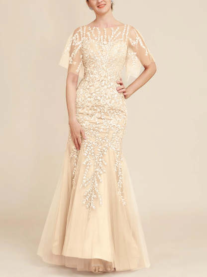Floor-Length Mother of the Bride Lace Dresses with Trumpet/Mermaid Scoop Half Sleeves-BMbridal