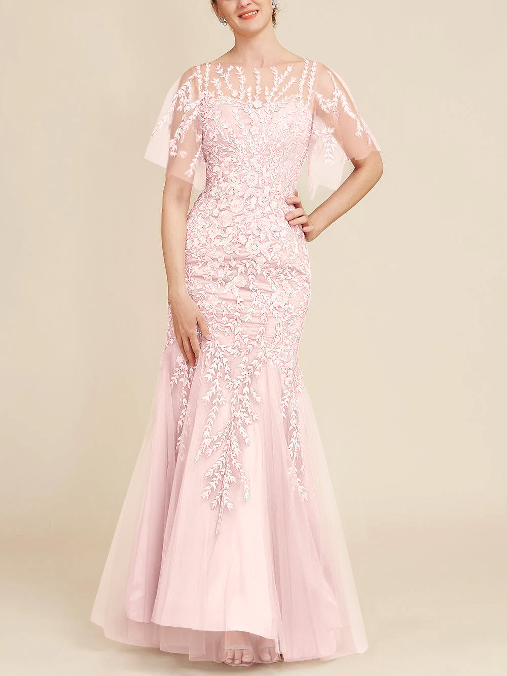Floor-Length Mother of the Bride Lace Dresses with Trumpet/Mermaid Scoop Half Sleeves-BMbridal