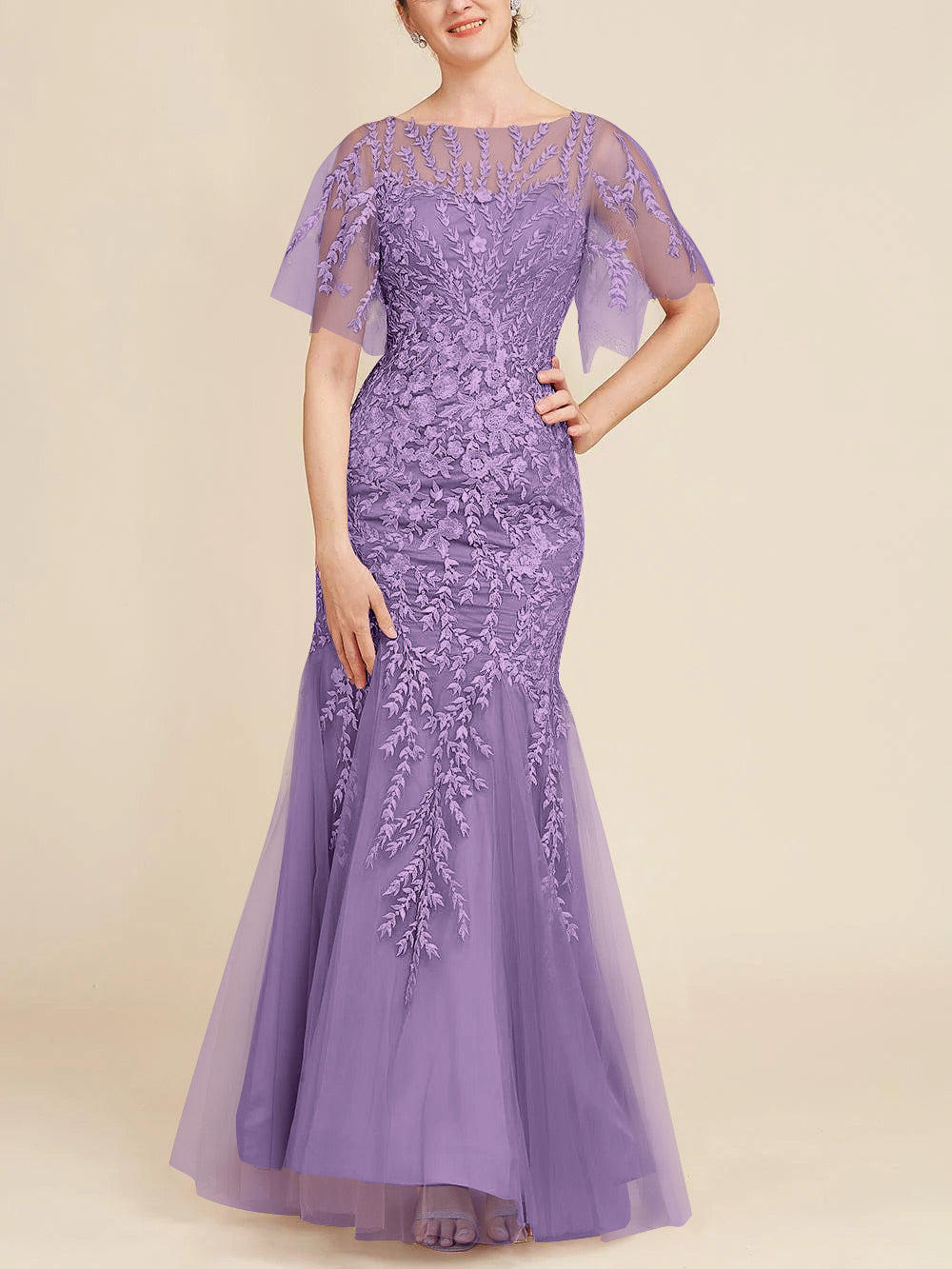 Floor-Length Mother of the Bride Lace Dresses with Trumpet/Mermaid Scoop Half Sleeves-BMbridal