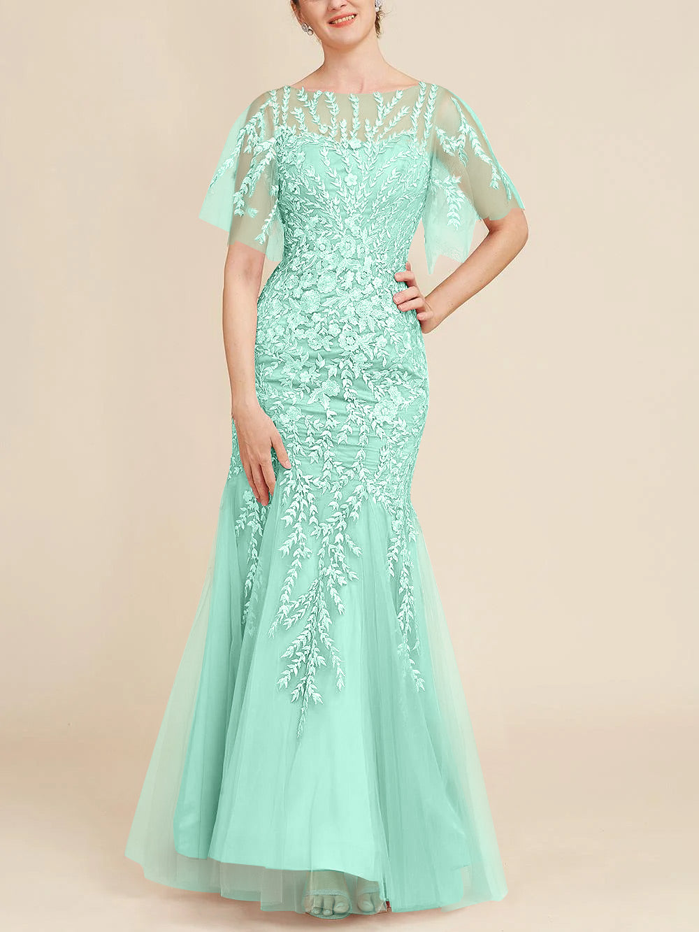 Floor-Length Mother of the Bride Lace Dresses with Trumpet/Mermaid Scoop Half Sleeves-BMbridal