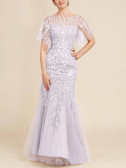 Floor-Length Mother of the Bride Lace Dresses with Trumpet/Mermaid Scoop Half Sleeves-BMbridal