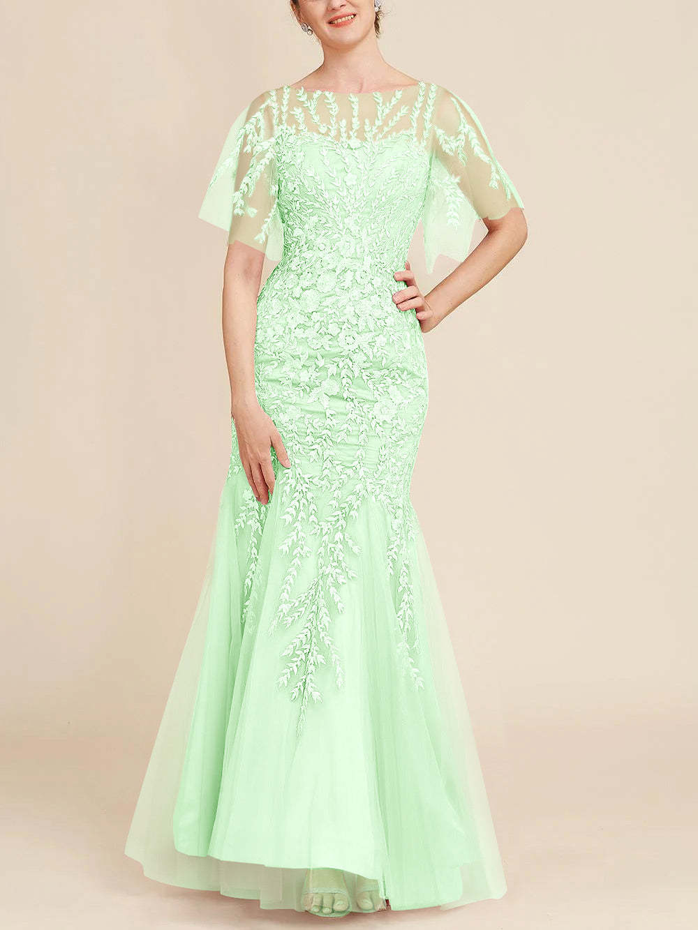Floor-Length Mother of the Bride Lace Dresses with Trumpet/Mermaid Scoop Half Sleeves-BMbridal