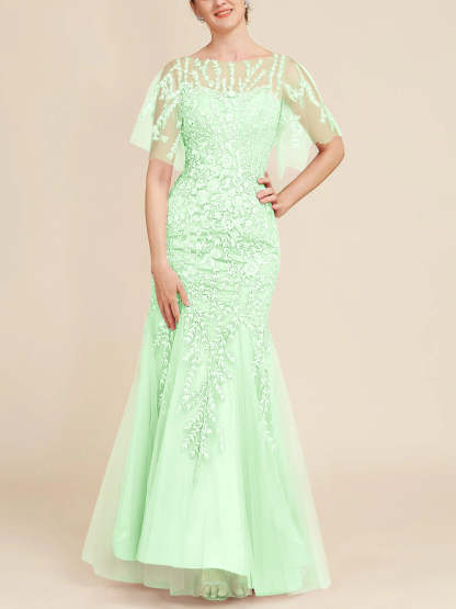Floor-Length Mother of the Bride Lace Dresses with Trumpet/Mermaid Scoop Half Sleeves-BMbridal