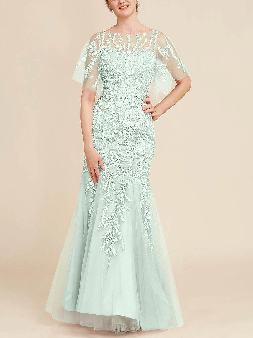 Floor-Length Mother of the Bride Lace Dresses with Trumpet/Mermaid Scoop Half Sleeves-BMbridal