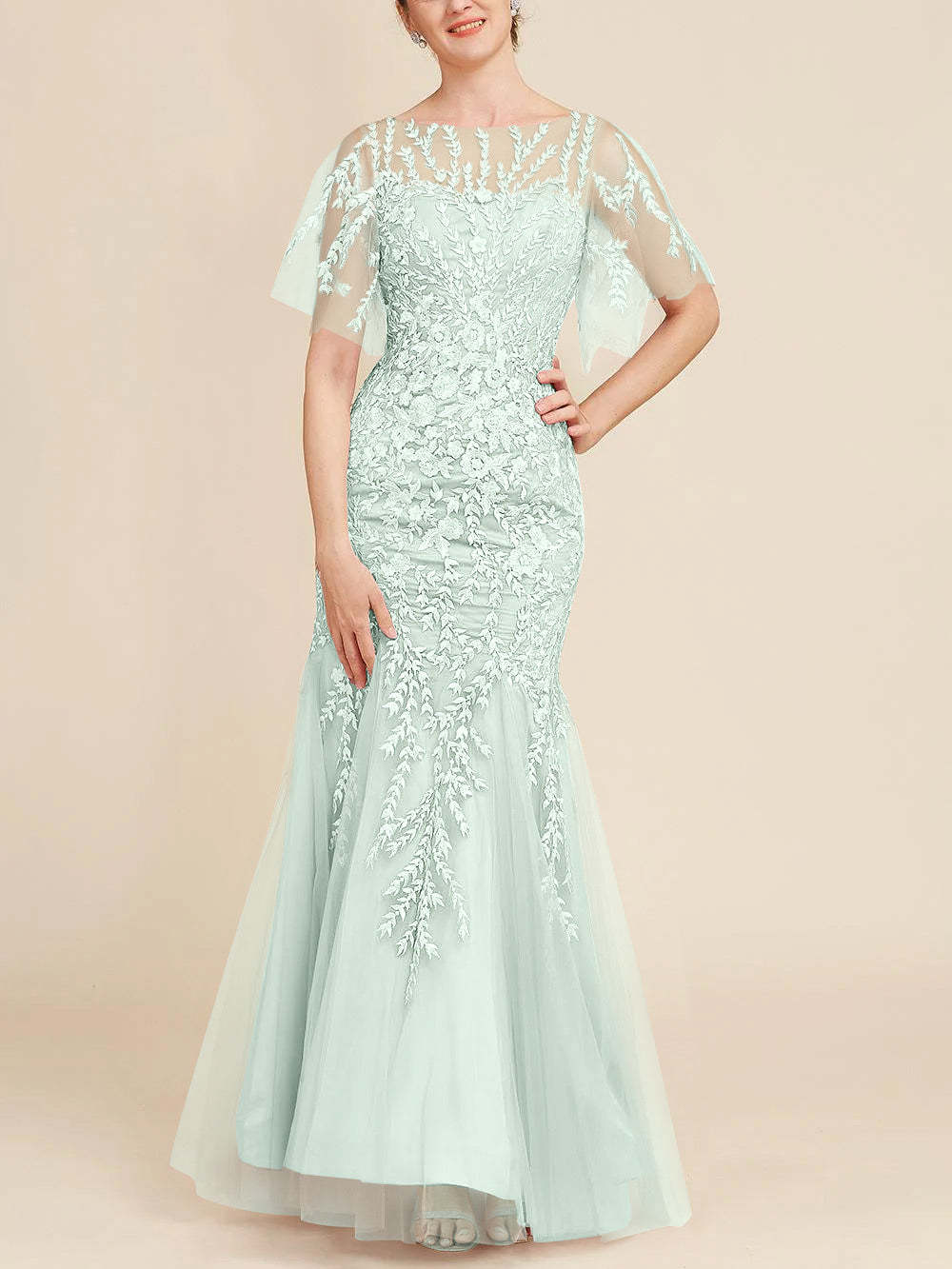 Floor-Length Mother of the Bride Lace Dresses with Trumpet/Mermaid Scoop Half Sleeves-BMbridal