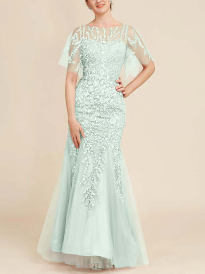 Floor-Length Mother of the Bride Lace Dresses with Trumpet/Mermaid Scoop Half Sleeves-BMbridal