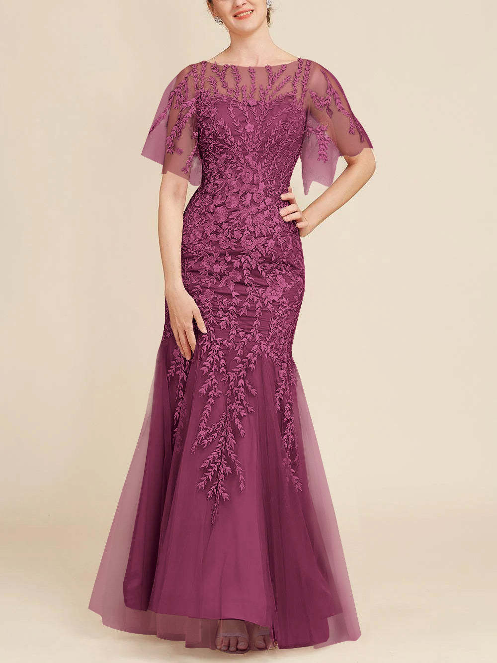 Floor-Length Mother of the Bride Lace Dresses with Trumpet/Mermaid Scoop Half Sleeves-BMbridal