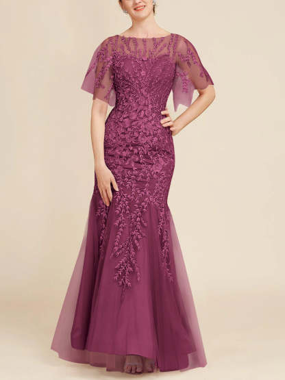 Floor-Length Mother of the Bride Lace Dresses with Trumpet/Mermaid Scoop Half Sleeves-BMbridal