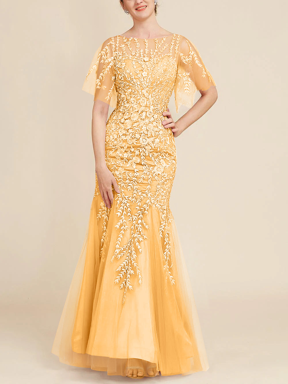 Floor-Length Mother of the Bride Lace Dresses with Trumpet/Mermaid Scoop Half Sleeves-BMbridal