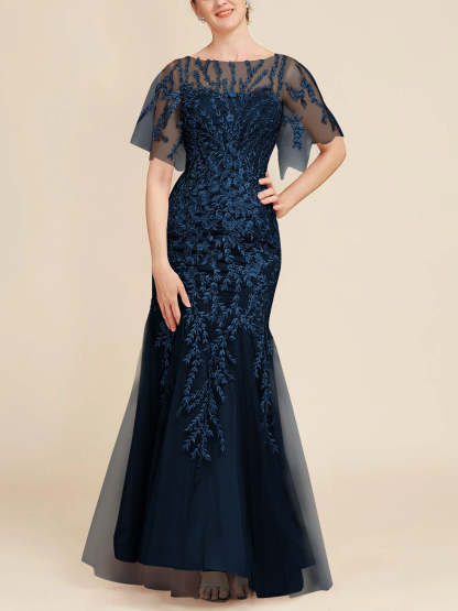 Floor-Length Mother of the Bride Lace Dresses with Trumpet/Mermaid Scoop Half Sleeves-BMbridal