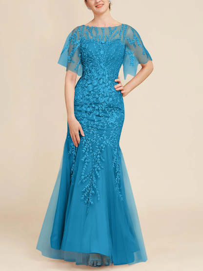 Floor-Length Mother of the Bride Lace Dresses with Trumpet/Mermaid Scoop Half Sleeves-BMbridal