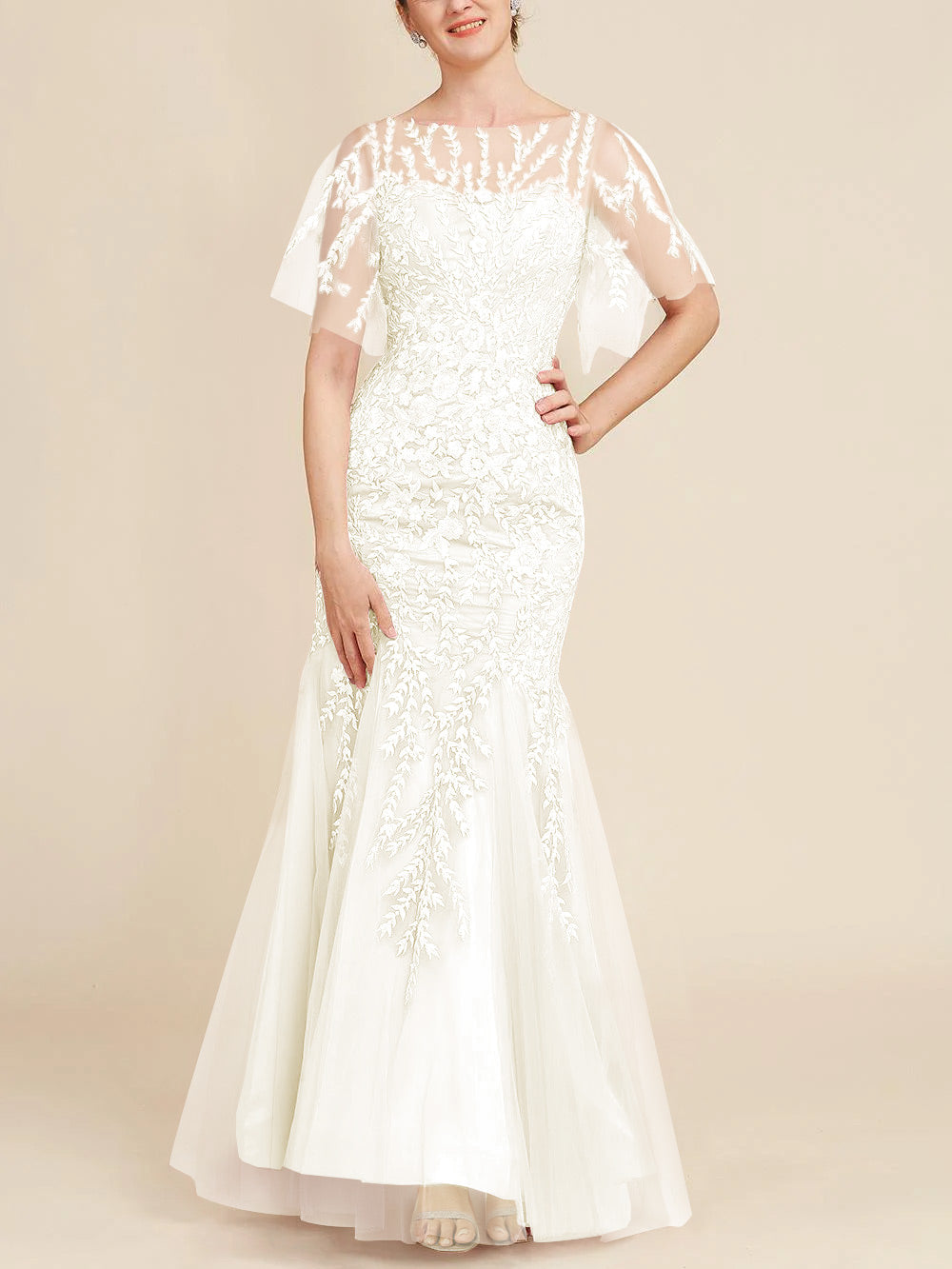 Floor-Length Mother of the Bride Lace Dresses with Trumpet/Mermaid Scoop Half Sleeves-BMbridal