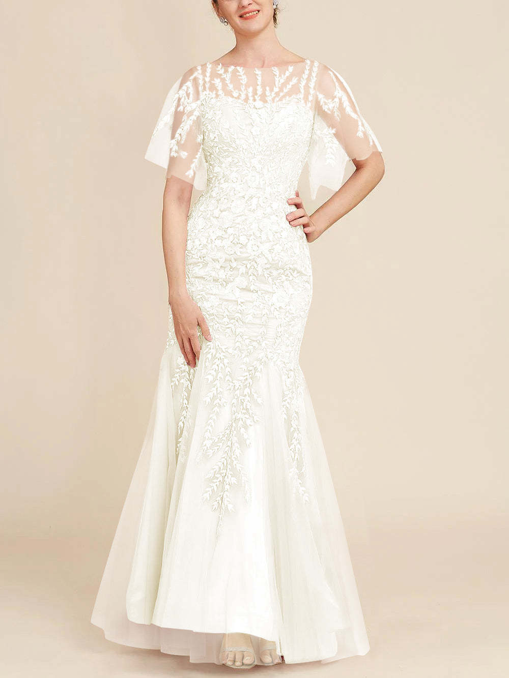 Floor-Length Mother of the Bride Lace Dresses with Trumpet/Mermaid Scoop Half Sleeves-BMbridal