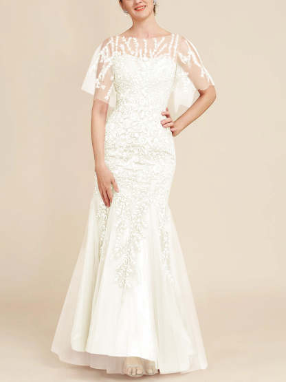 Floor-Length Mother of the Bride Lace Dresses with Trumpet/Mermaid Scoop Half Sleeves-BMbridal