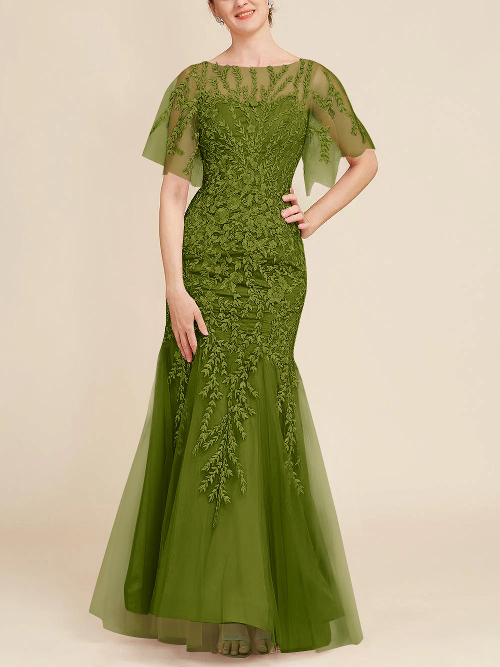 Floor-Length Mother of the Bride Lace Dresses with Trumpet/Mermaid Scoop Half Sleeves-BMbridal
