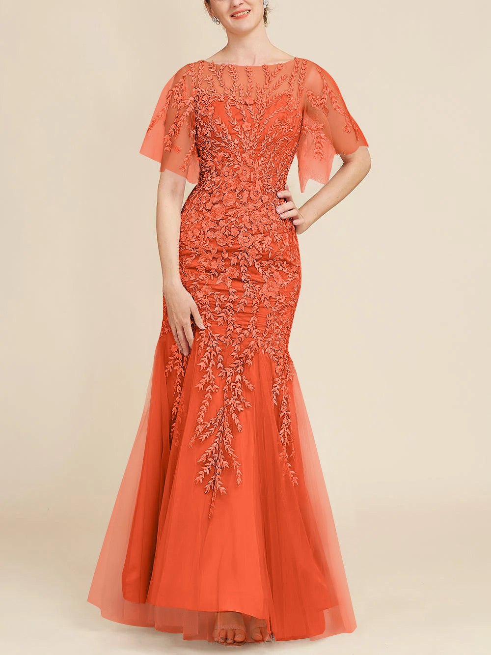 Floor-Length Mother of the Bride Lace Dresses with Trumpet/Mermaid Scoop Half Sleeves-BMbridal