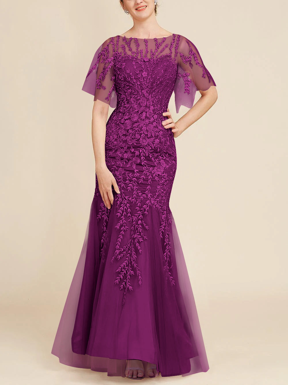 Floor-Length Mother of the Bride Lace Dresses with Trumpet/Mermaid Scoop Half Sleeves-BMbridal