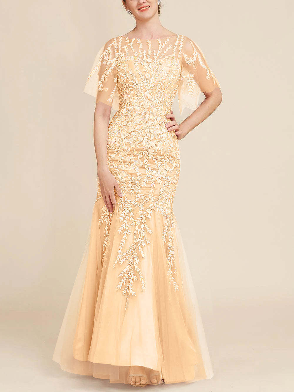 Floor-Length Mother of the Bride Lace Dresses with Trumpet/Mermaid Scoop Half Sleeves-BMbridal