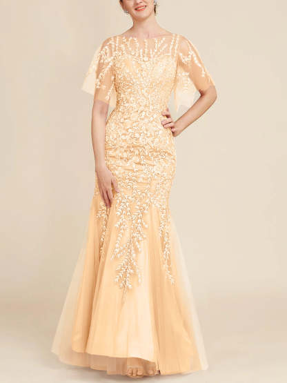 Floor-Length Mother of the Bride Lace Dresses with Trumpet/Mermaid Scoop Half Sleeves-BMbridal