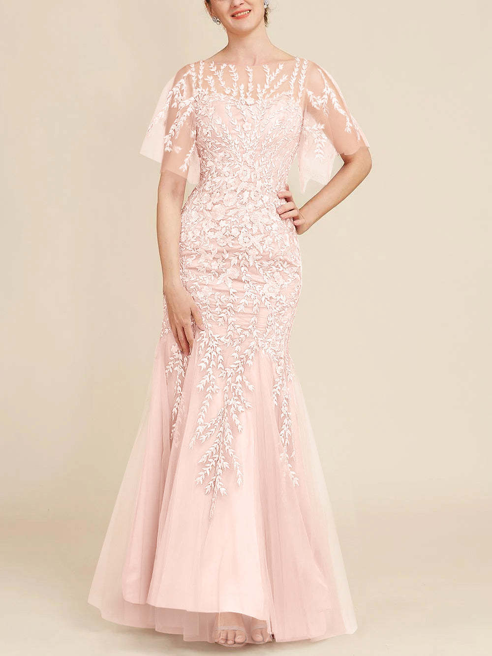 Floor-Length Mother of the Bride Lace Dresses with Trumpet/Mermaid Scoop Half Sleeves-BMbridal
