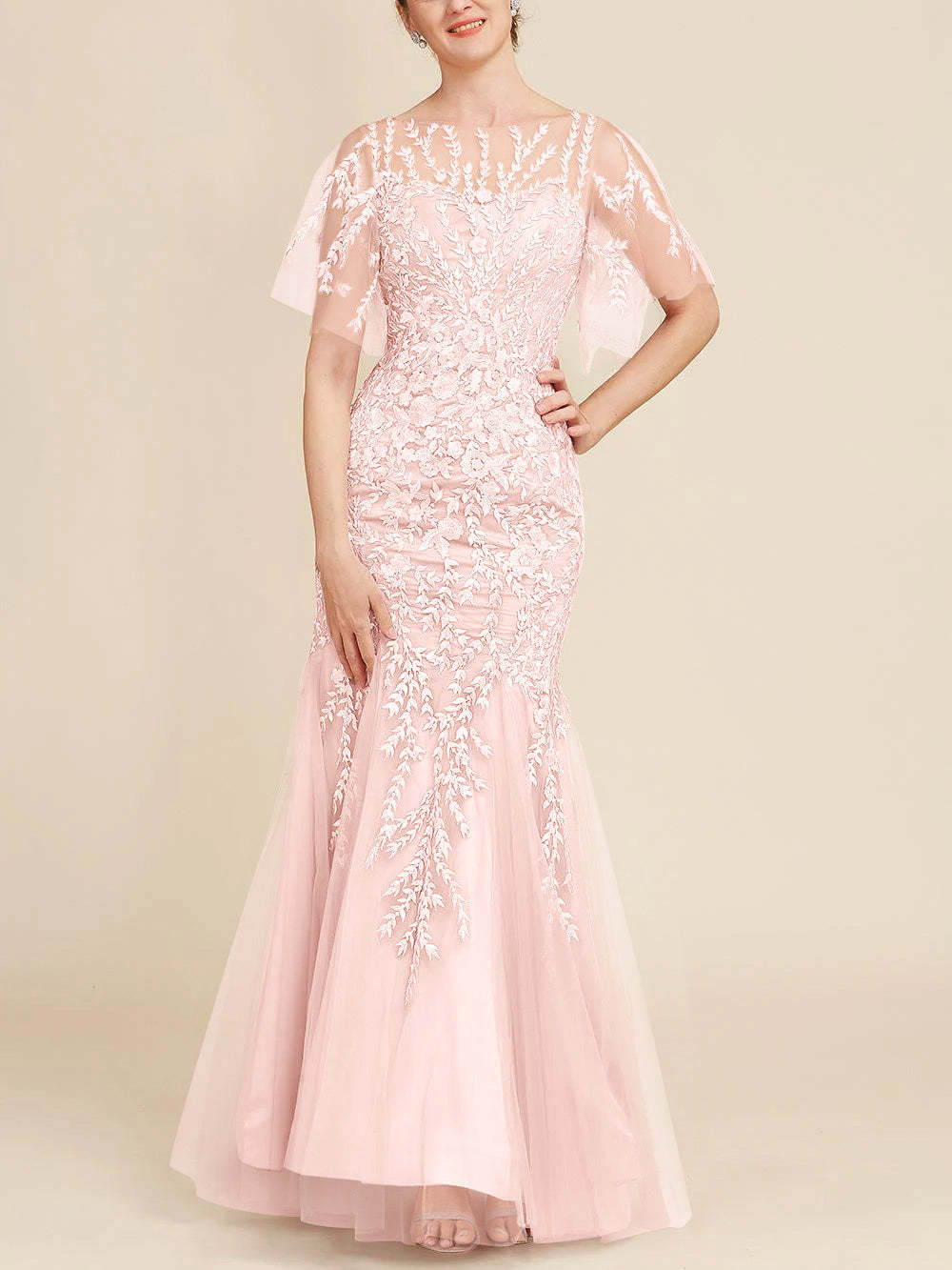 Floor-Length Mother of the Bride Lace Dresses with Trumpet/Mermaid Scoop Half Sleeves-BMbridal