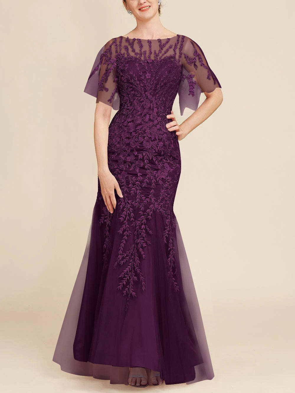 Floor-Length Mother of the Bride Lace Dresses with Trumpet/Mermaid Scoop Half Sleeves-BMbridal