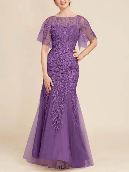 Floor-Length Mother of the Bride Lace Dresses with Trumpet/Mermaid Scoop Half Sleeves-BMbridal