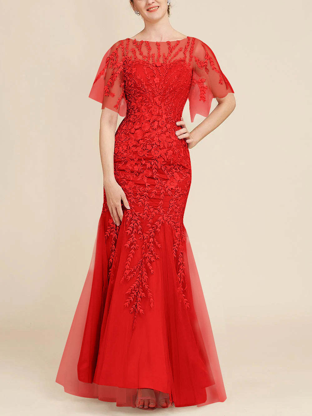 Floor-Length Mother of the Bride Lace Dresses with Trumpet/Mermaid Scoop Half Sleeves-BMbridal