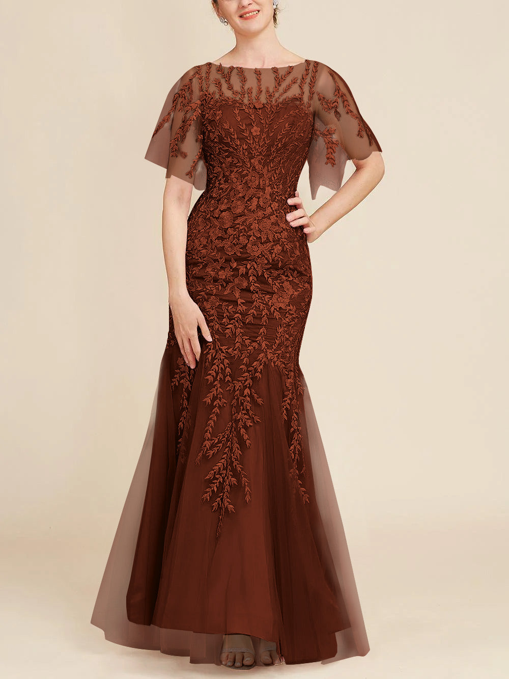 Floor-Length Mother of the Bride Lace Dresses with Trumpet/Mermaid Scoop Half Sleeves-BMbridal