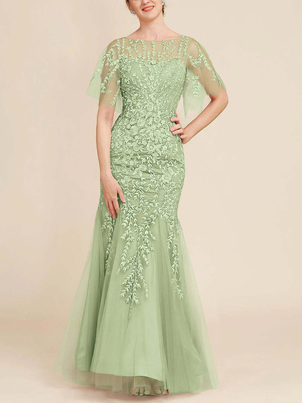 Floor-Length Mother of the Bride Lace Dresses with Trumpet/Mermaid Scoop Half Sleeves-BMbridal
